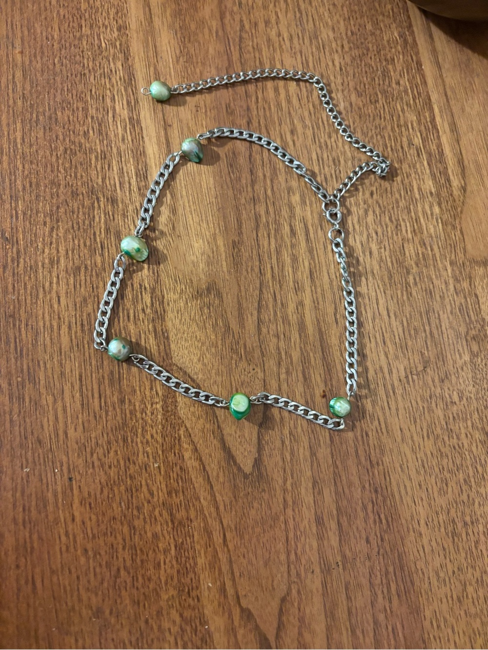 Silver Chain Necklace with Green Pearls - Women Jewelry